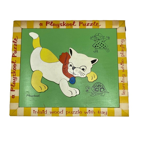 Vintage Playskool Kitten Cat Wooden Puzzle #275-7 (10 Pieces) Wood Inlaid - Picture 1 of 7